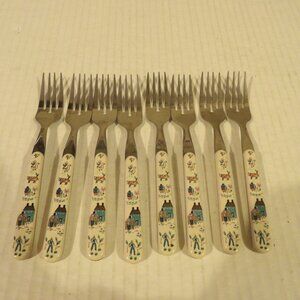 + International Heartland Stainless Steel Farm Life Scene Dinner Fork Set 8 Vtg